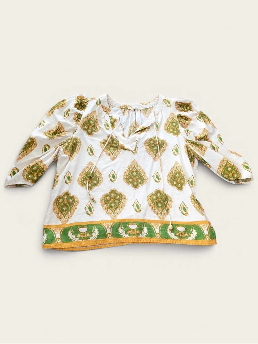 Haute Hippie M Cream Green Floral Aztec Puff Sleeve Linen Blend Top Beachy Boho